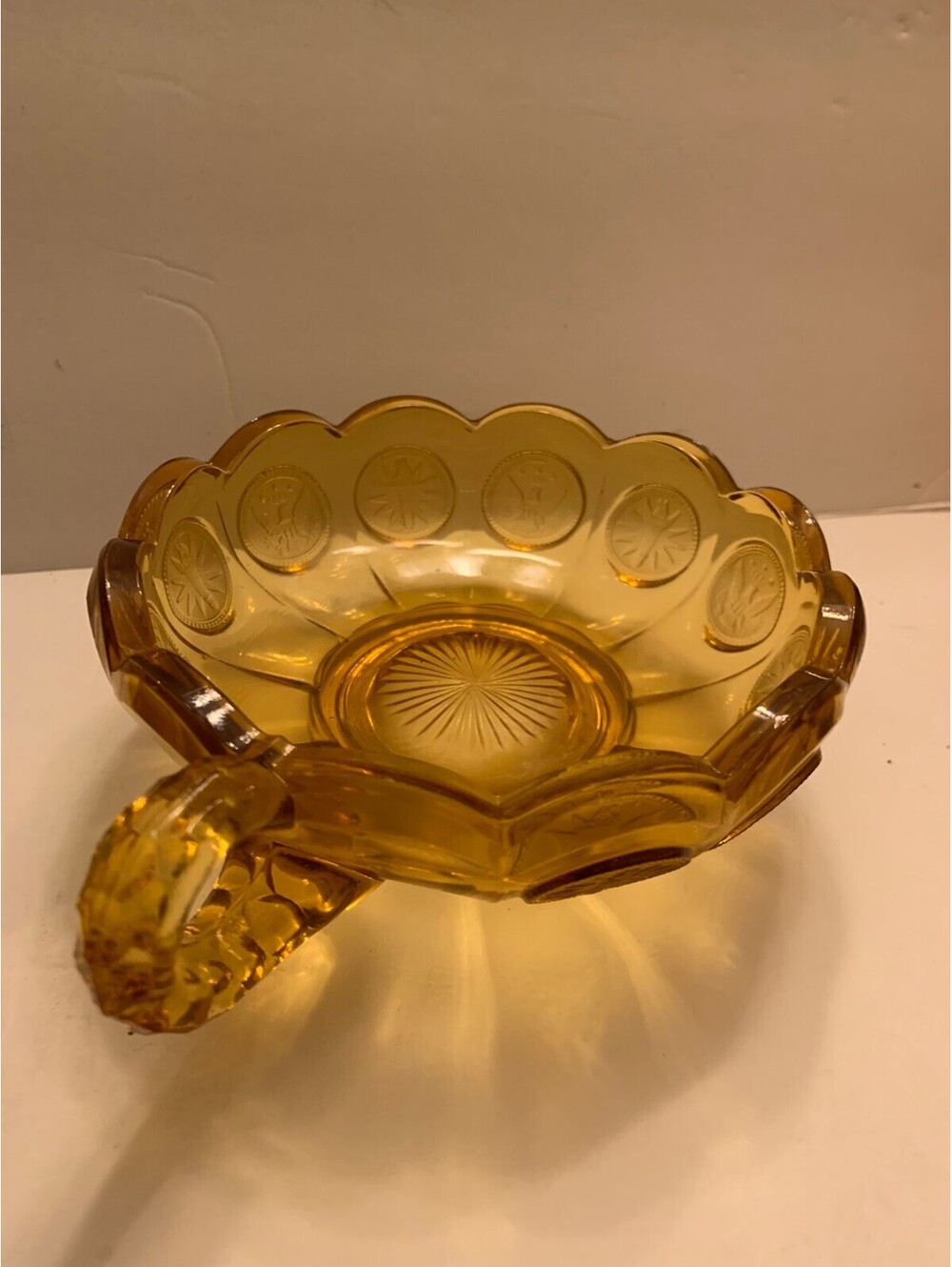 VTG Fostoria Glass AMBER Handled Nappy Bowl /Candy Dish